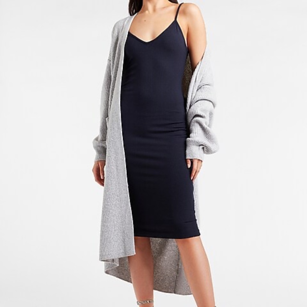 Express Navy Solid V-Neck Ribbed Midi Dress, Women's Size Small.